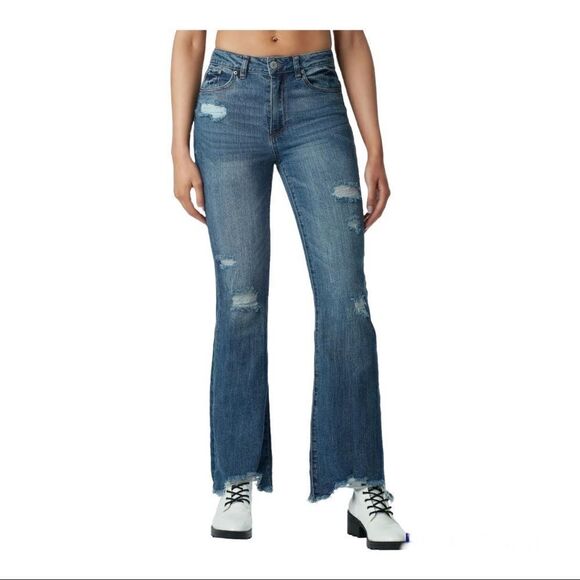 Almost Famous super high rise flare bell bottom jeans 11 NEW NWT distressed - Picture 1 of 11